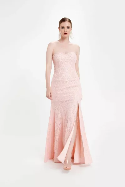 Pudra Dantelli Balık Abiye Elbise