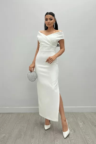Babel Fabric Boat Collar Pearl Detailed Pencil Dress - WHITE