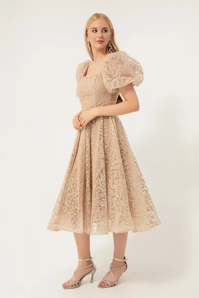 المرأة البيج بالون الأكمام بريق ميدي فساتين السهرة