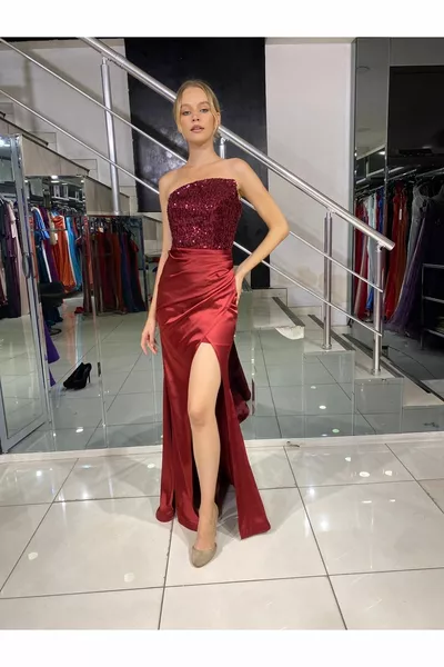 Бургундски пайети подробни сатен дълго вечер рокля без презрамки V-нарязани облицована дълго Aniye