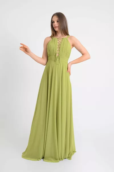 Pistachio Green Evening Dress with Cross Laces Front and Back