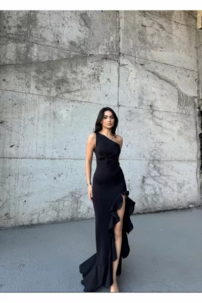 Nastiya One Shoulder Ruffle Slit Evening Dresses  BLACK