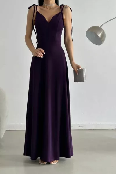 Strap Tie Heart Collar Long Evening Dress Purple