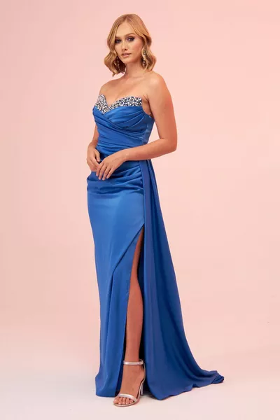 Indigo Satin Strapless Stone Long Evening Dress