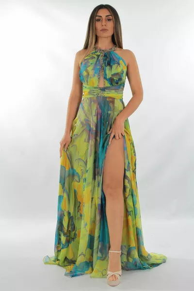 Изумрудено шифон шарени врата и яка мъниста дамски вечерни рокли