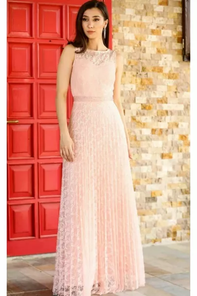 Women's Pink Skirt Pleated Lace Evening Dress