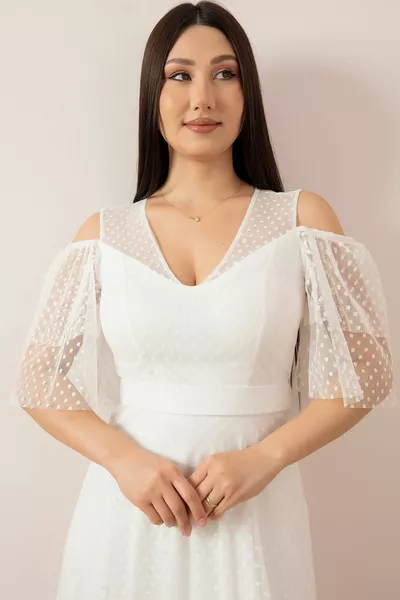 Shoulder Detailed Speckled Tulle Long Evening Dress