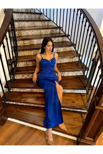 Siete Rope Strap Атласные вечерние платья с разрезами  SAKS BLUE