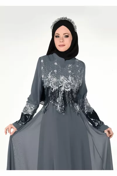 Women's Grey Embroidered Evening Dress 