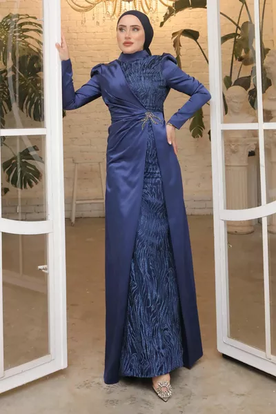الأزرق الداكن الحجر بريق الساتان مساء اللباس