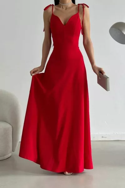 Strap Tie Heart Collar Abito Da Sera Lungo Rosso