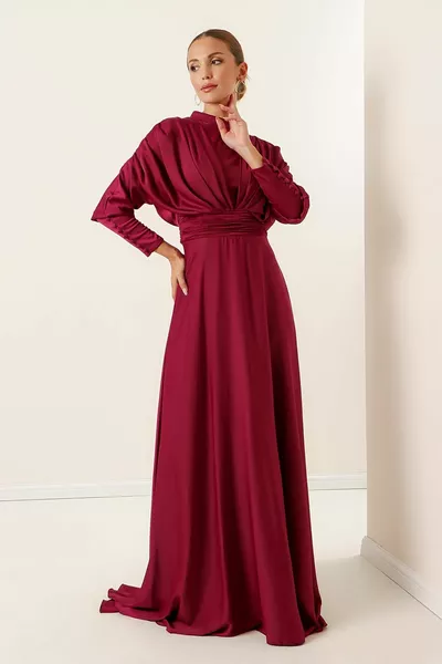 الجبهة الخلفية الرباط الأكمام اصطف فستان طويل الساتان مع أزرار التفاصيل