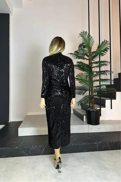  Turtleneck Sequin Dress Black