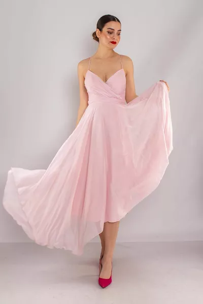  Back Rope Strap Crystal Chiffon Midiboy Kleid