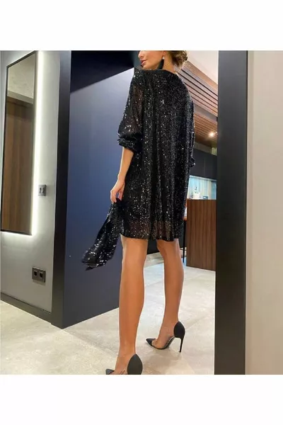 Réplique Ordinateur Portable cm Longueur Noir Large Taille Ceinturée Sequin Robe