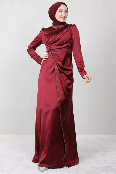 Lora Hijab Evening Dress Burgundy