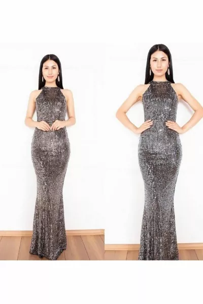 Women's Silver Sequin Sequined Fish Model Evening Dress