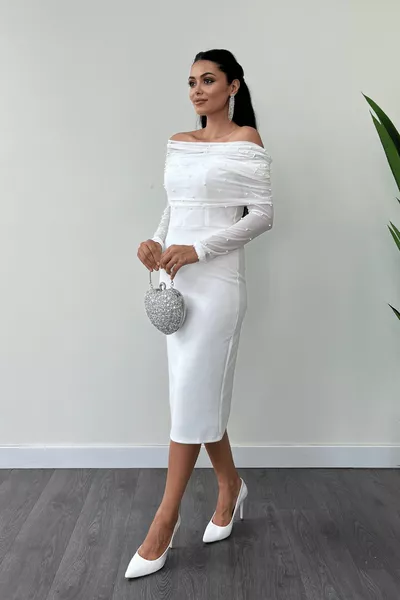 كريب قماش لؤلؤي بوليرو فستان قلم رصاص مفصل - أبيض