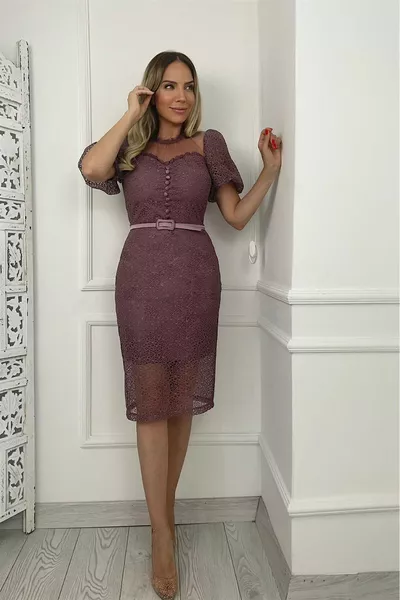  Button Detailed Balloon Sleeve Guipure Dress Dried Rose