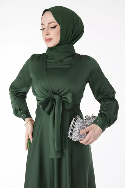 Straight Judge Collar Women's Khaki Front Tie Evening Dress - 