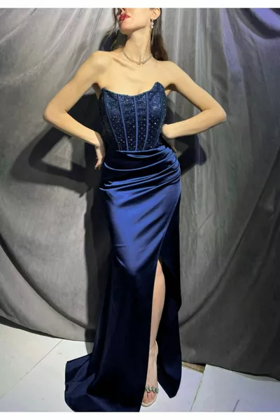 WOMEN'S SLIT CHEST PART STONE EMBROIDERED NAVY BLUE SATIN STRAPLESS EVENING DRESS