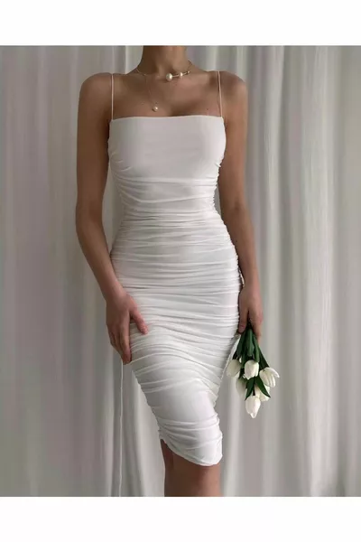 Weißes dünnes drapiertes Riemchenkleid für Damen