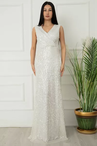 Длинное платье с двубортным воротником и двубортным воротником с пайетками 