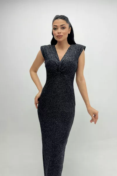 Glitter креп плат шнур подробни молив рокля - сребро