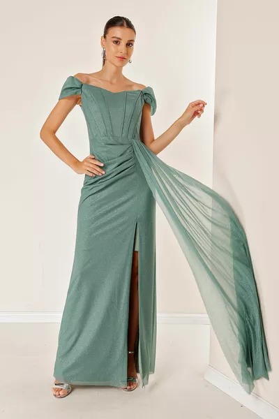 Банелни дълга блестяща рокля с драпирани предни долни ръкави