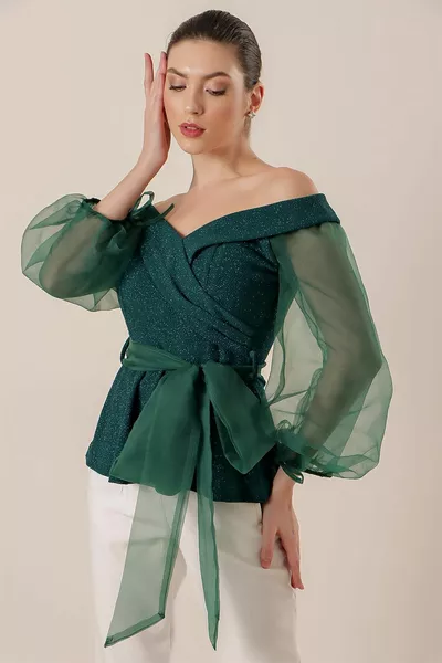 Madonna Kragen Ärmel Organza Gürtel Glitzer Lycra Bluse