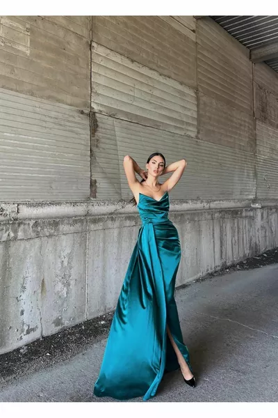 ROBE DE SOIRÉE LONGUE EN SATIN DE COTON POUR FEMME À COL DEGAJE À FENTE ALLER