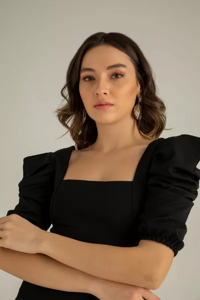 Креп Плечо Деталь Квадратный Вырез Миди Длина Черный Вечернее Платье