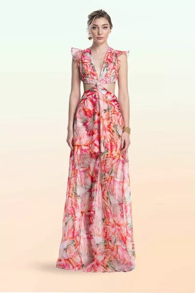 Maxi Organza Asia Zomeravondjurk met bloemenpatroon