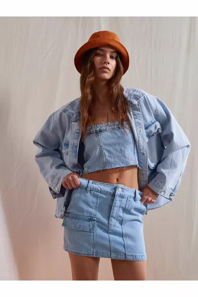  Mini Denim Skirt with Front Pockets-Blue