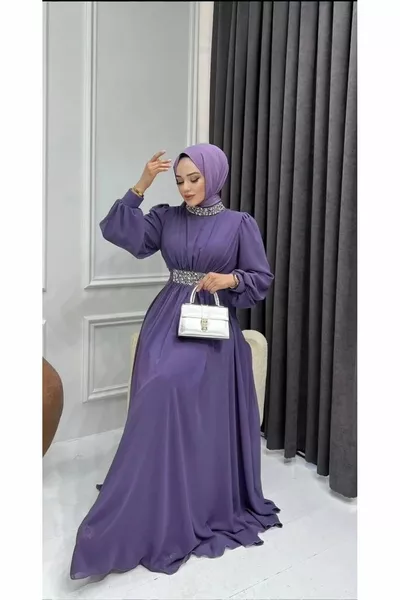 Vita e gola pietra ricamato chiffon con cintura richiesta promessa fidanzamento abito da sposa abito da sera