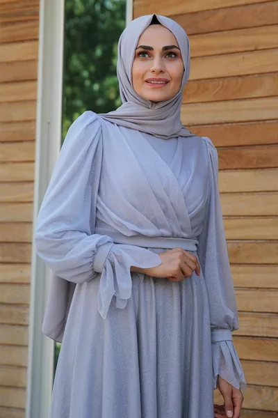 Geribbelde Gedetailleerde Hijab Avondjurk voor dames - Grijs