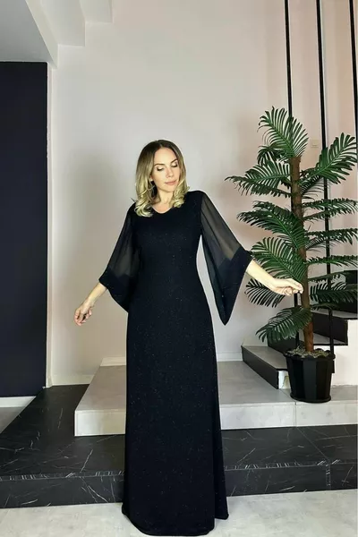  шифон ръкав подробни блясък Макси вечерна рокля черна