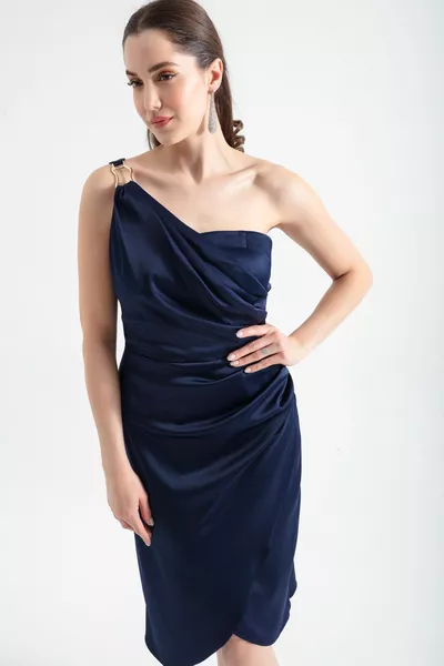 Robe de soirée midi en satin bleu marine à une épaule pour femme
