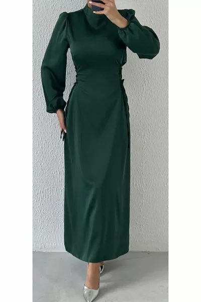 Waist Tie Detailed Satin Hijab Evening Dresses