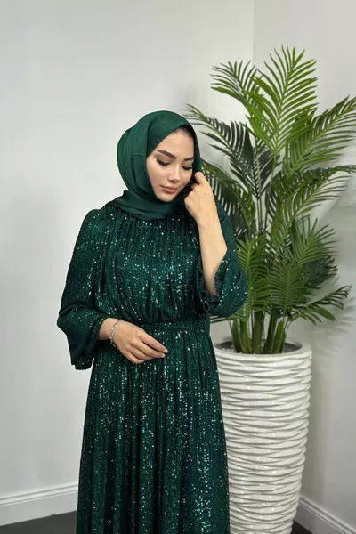 Full Sequin Embroidered Evening Dress Emerald