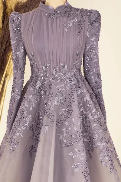 Floral Embroidered Serra Hijab Evening Dresses -Lilac