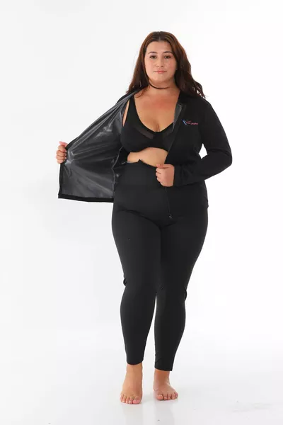 طقم ساونا حراري بنطال ضيق خصر عالي جدًا بسحّاب وطقم بسحاب طويل الأكمام حراري