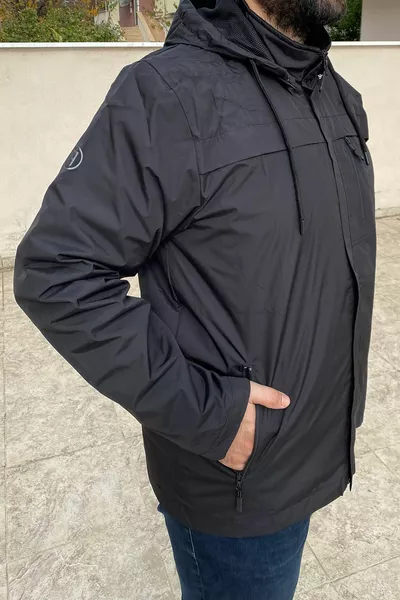 Großes Herren Kapuzenwindjacke mit Taschen und Innennetz, Schwarz 