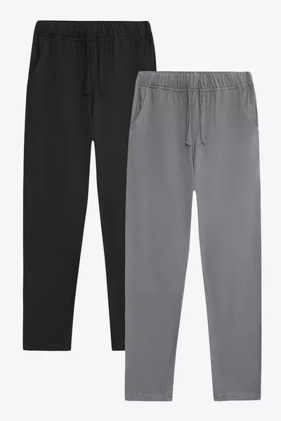 % Baumwolle 2er-Set Herrenpyjamahose, Suprem, Kompaktjersey, Bequeme Passform, Mit Taschen, Ohne Schwitzen, Schwarz - Grau