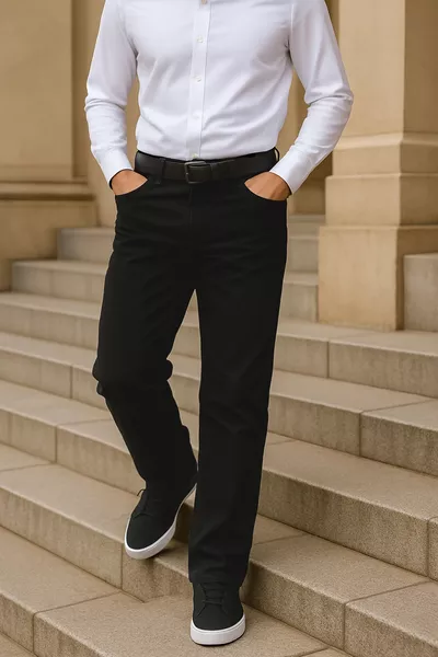 جينز ماركوس هنتر بقصة واسعة عالية الجودة، خصر مرتفع، قصّة مستقيمة، قماش جينز مطاطي، -أسود