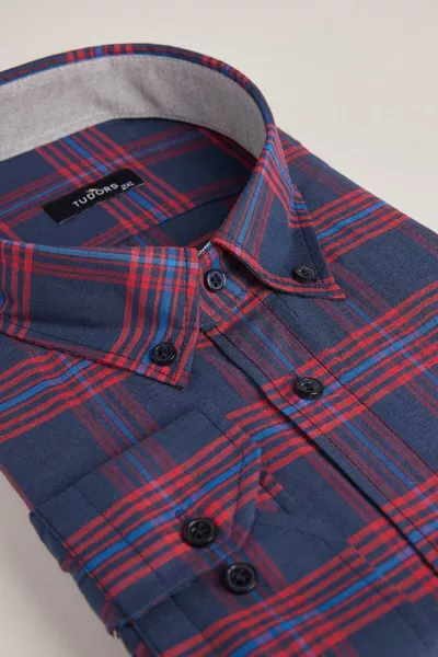 Plus Size Long Sleeve Plaid Shirt with Piped Collar and Buttons for Men