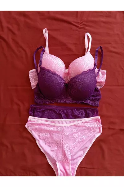 طقم حمالات صدر نسائي مكون من قطعتين بتطريز دانتيل ودعامة، باللونين الوردي والبنفسجي