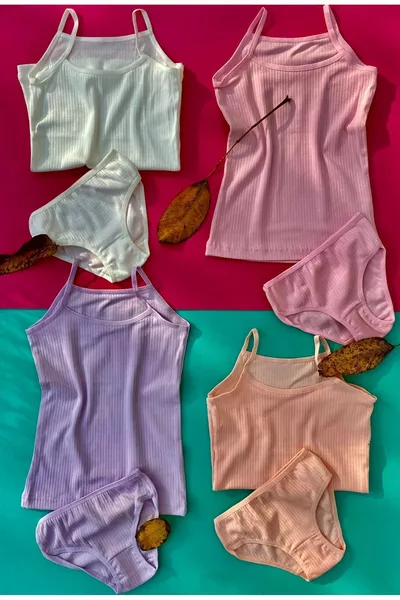 Girls' Ribbed 4-Piece Cotton Stretch Tank Top and Panty Set with Straps