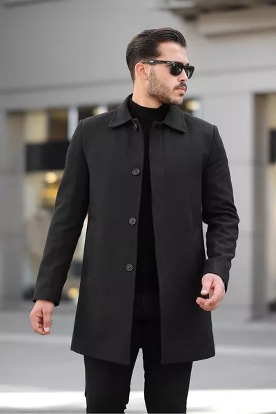 Cappotto lungo da uomo nero in cashmere, con bottoni, taglio comodo e antivento