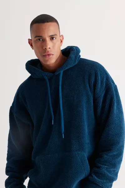 Men's Oversized Loose Fit Hooded Sherpa Fleece Sweatshirt